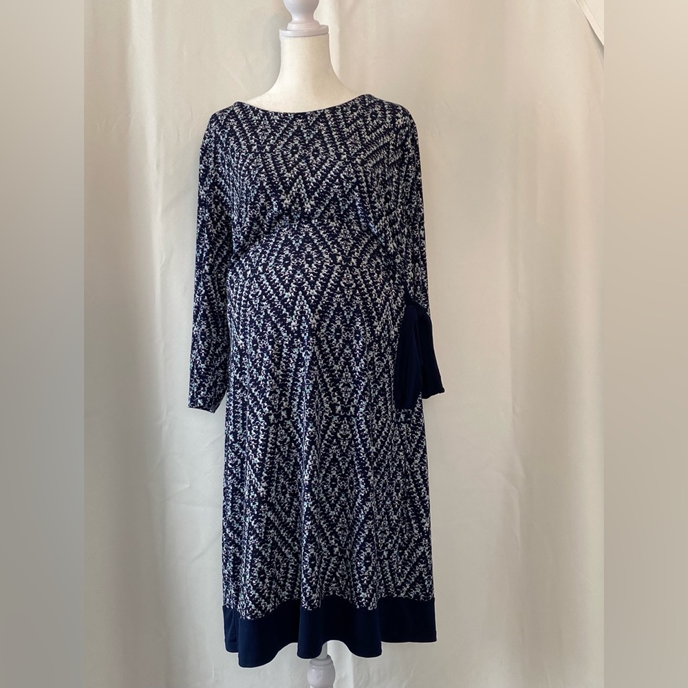 Motherhood Maternity Blue Abstract Pattern Pull On Shift Dress XL Side Tie Cozy